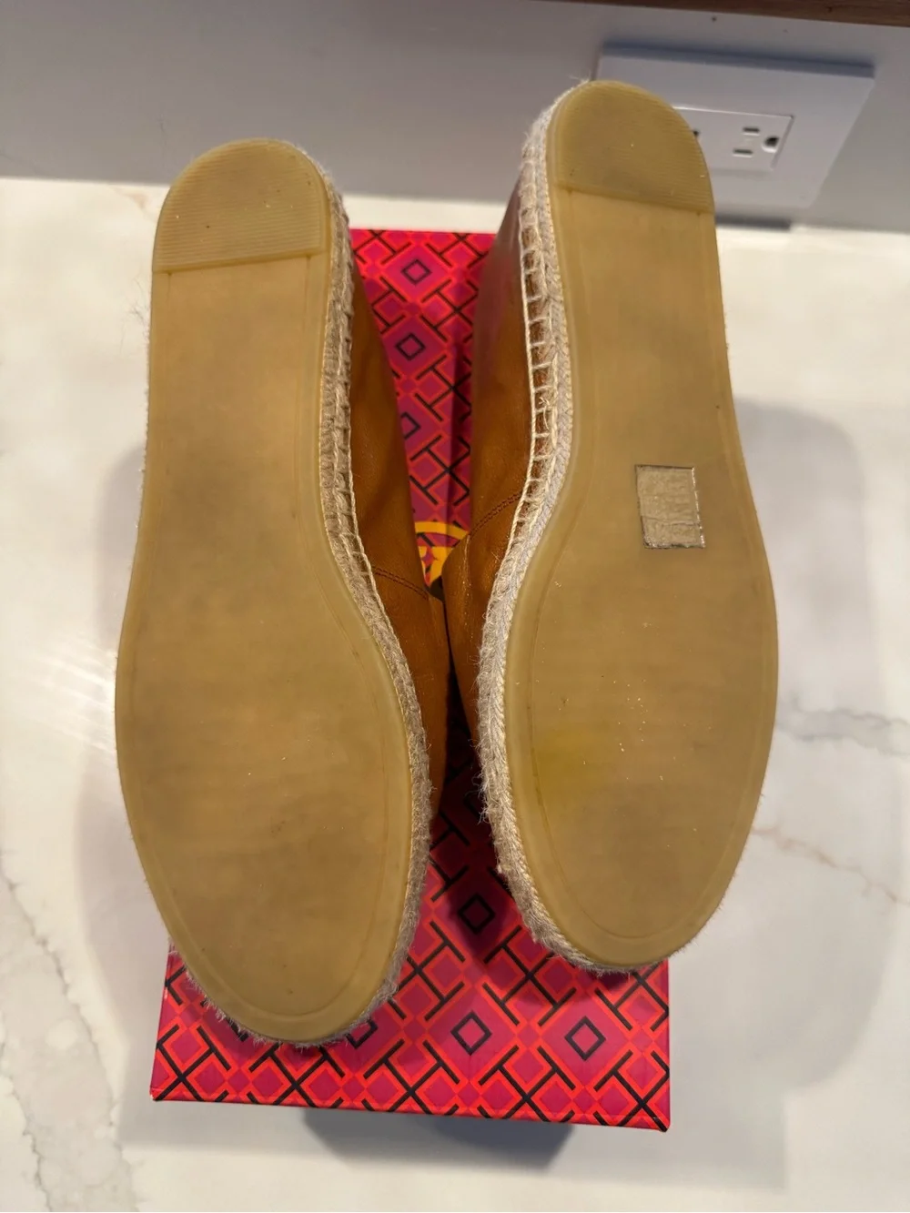 Tory Burch Tan Brown Leather Espadrille Eleanor Flats with Gold Logo